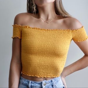 Yellow off the-shoulder crop top by Garage